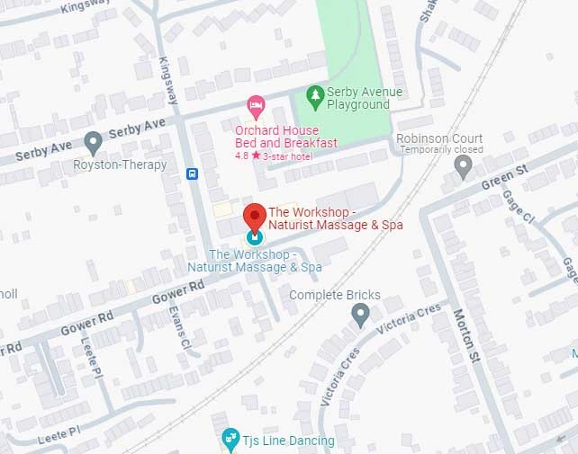 Map showing The Workshop Naturist Spa on Lower Gower Road in Royston, Hertfordshire