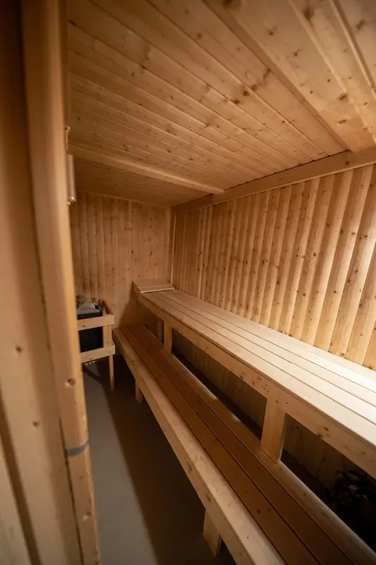 The sauna at The Workshop, showing the tiered benches
